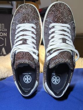 Tory Burch Brown and White Speckled Lace-Up Sneakers Size 7.5 Women's $75